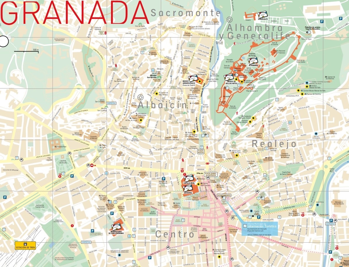 mapa de granada ciudad con la alhambra y los barrios